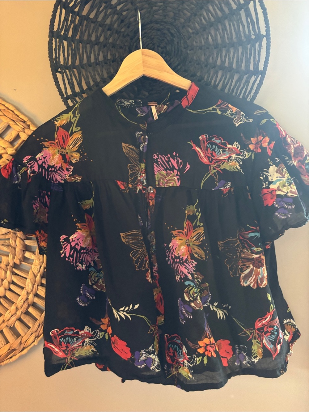 Free People Black Floral Button-Up Blouse with Multicolor Blooms